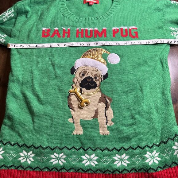 Holiday Traditions Bah Hum Pug Christmas Sweater Sequin Pug Dog Snowflake L - Picture 8 of 10